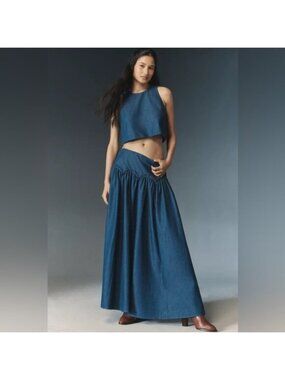 NWT Size S -  Mare Mare Cotton Basque-Waist Denim Blue Maxi Skirt (NWT US$ 148)